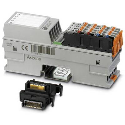 Szary moduł Ethernet dla przemysłu z gniazdami do podłączenia kabli oraz czarnym złączem, wszystko na białym tle.