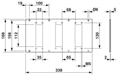 Rysunek techniczny prostokątnej płyty metalowej z precyzyjnymi wymiarami i pozycjami otworów, przedstawiający odległości i średnice.