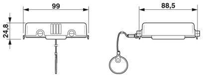 Rysunek części mechanicznej z wymiarami: długość 99 mm, szerokość 24,8 mm, drugi widok pokazuje długość 88,5 mm.