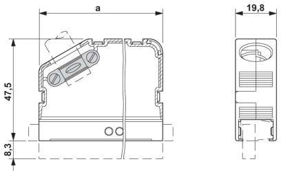Rysunek techniczny komponentu elektrycznego z wymiarami: wysokość 47,5 mm, szerokość 19,8 mm, głębokość 8,3 mm. Przedstawia strukturę wewnętrzną i przewód.