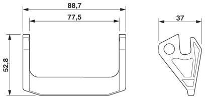 Rysunek techniczny elementu o wymiarach: szerokość 88,7 mm, szerokość wewnętrzna 77,5 mm, wysokość 52,8 mm oraz głębokość 37 mm.