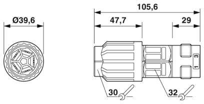 Rysunek techniczny cylindrycznego wtyczki z wymiarami: długość 105,6 mm, szerokość 39,6 mm. Pozostałe wymiary: 47,7 mm i 29 mm.