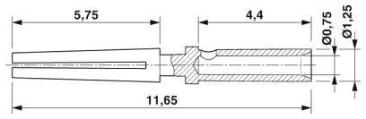 Rysunek techniczny sworznia łączącego z podanymi wymiarami: całkowita długość 11,65 mm, odcinki o długościach 5,75 mm, 4,4 mm oraz średnicach 0,75 mm, 1,25 mm.
