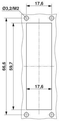 Rysunek techniczny prostokątnego obiektu z wymiarami: długość 66,6 cm, szerokość 17,6 cm. Otwory w narożnikach o średnicy 3,2 cm.