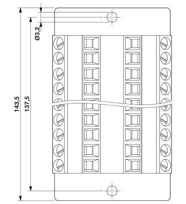 Rysunek techniczny złącza elektrycznego z wymiarami: wysokość 143,5 mm, szerokość 32 mm, dwa otwory montażowe.