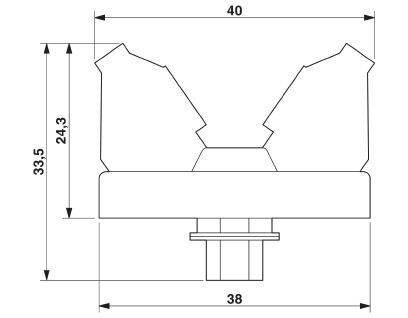 Rysunek techniczny elementu z wymiarami: szerokość górna 40, szerokość dolna 38, wysokość 33,5, wysokość środkowa 24,3.