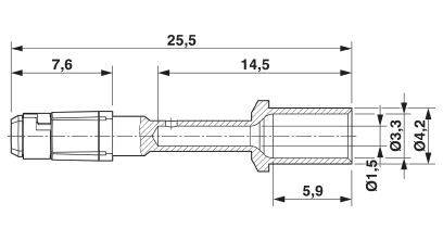 Rysunek techniczny elementu cylindrycznego z wymiarami: długość całkowita 25,5 mm, średnica od Ø3,3 mm do Ø4,2 mm; oznaczenia długości na 7,6 mm i 14,5 mm.