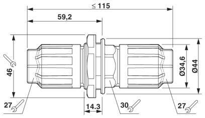 Rysunek techniczny złącza z wymiarami: długość 115 mm, szerokość 46 mm, średnica 34,6-44 mm. Przedstawia narzędzia.