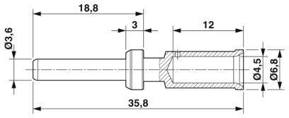 Rysunek techniczny długopisu: długość 35,8 mm, średnica 3,6 mm, z szczegółowymi wymiarami i przekrojem.