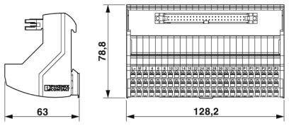 Rysunek techniczny obudowy modułu elektrycznego z wymiarami: 63 mm głębokości, 78,8 mm wysokości, 128,2 mm szerokości.