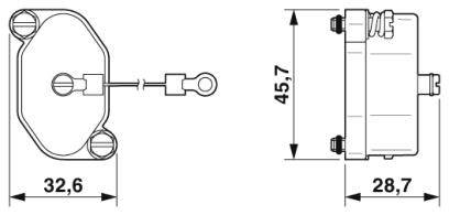 Rysunek techniczny elementu w widoku bocznym i czołowym. Wymiary wynoszą 32,6 mm i 28,7 mm szerokości oraz 45,7 mm wysokości.