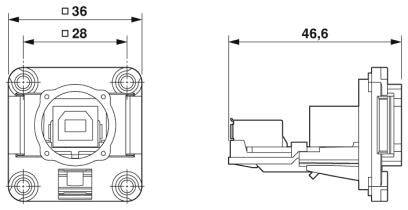 Rysunek techniczny prostokątnego elementu o wymiarach: 36 mm szerokości, 28 mm wysokości, 46,6 mm głębokości w widoku z boku.