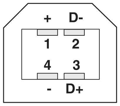 Diagram złącza USB z czterema pinami: u góry '+' i 'D-', na dole '-' i 'D+'. Piny ponumerowane od 1 do 4.