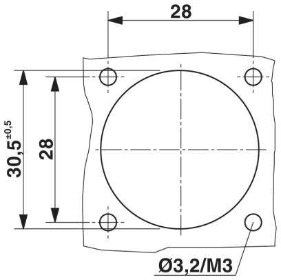 Rysunek techniczny kwadratatowego kołnierza o średnicy 28 mm z otworami mocującymi Ø3,2/M3 w narożnikach.