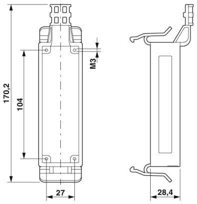 Schemat elektronicznego elementu z widokiem z przodu i z boku. Wymiary wynoszą 170,2 mm i 27 mm w widoku frontowym, 28,4 mm z boku.