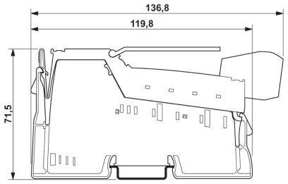 'Rysunek techniczny urządzenia z wymiarami: 136,8 mm długości, 119,8 mm szerokości, 71,5 mm wysokości.'