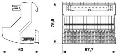 Rysunek techniczny bloku przyłączeniowego elektronicznego z wymiarami: szerokość 63 mm, wysokość 75,8 mm, głębokość 97,7 mm.