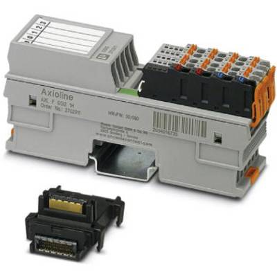 Szare urządzenie elektroniczne z zaciskami przyłączeniowymi i polem do opisu, obok niego osobny moduł przyłączeniowy w kolorach czarnym i złotym.