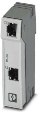 Szaro-białe moduł elektroniczny z dwoma złączami Ethernet, oznaczonymi jako X1 i X2.