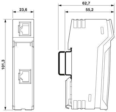 Rysunek techniczny urządzenia elektronicznego o wymiarach: wysokość 101,3 mm, szerokość 23,6 mm, głębokość 62,7 mm.