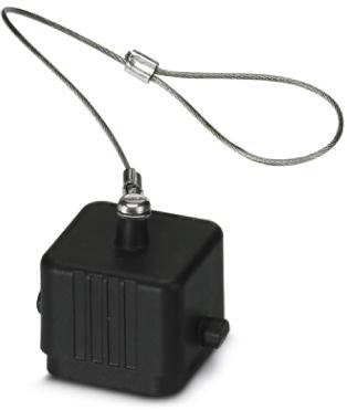 Czarny, prostokątny przyrząd z metalową pętlą kablową, prawdopodobnie przeznaczony do celów zabezpieczających lub mocujących.