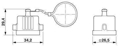 Rysunek techniczny wtyczki elektrycznej z wymiarami: wysokość 29,4 mm, szerokość 34,2 mm, średnica 26,5 mm.