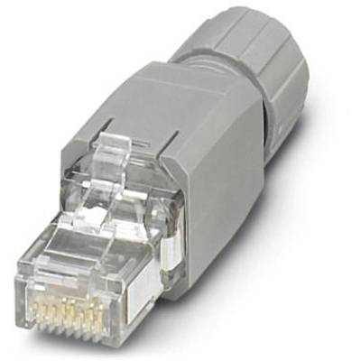 Szary wtyk Ethernet z przezroczystą plastikową osłoną do kabli sieciowych.