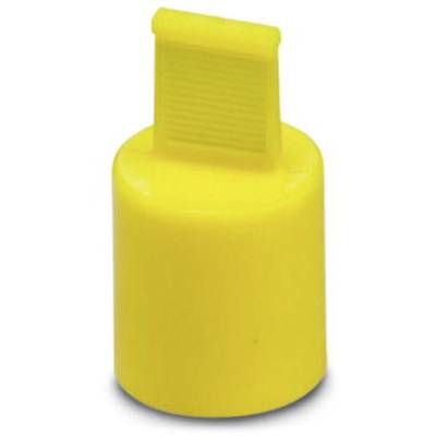 Żółta plastikowa nakrętka z prążkowaną, prostokątną klapką, odpowiednia do łatwej obsługi i uszczelniania pojemników.
