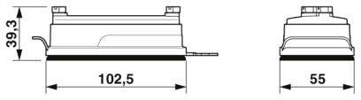 Rysunek techniczny prostokątnego obiektu o wymiarach 102,5 mm długości, 39,3 mm wysokości oraz innej części o długości 55 mm.