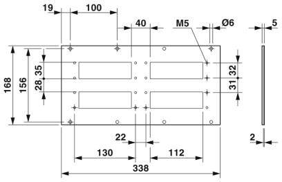 Rysunek techniczny prostokątnej płyty metalowej z rozmieszczeniem otworów i wymiarami. Wymiary: 338x168 mm, średnica otworu Ø6 mm.