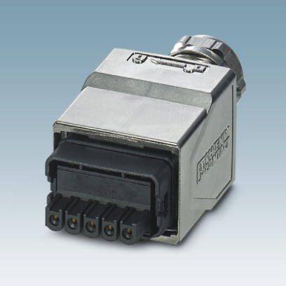 Elektryczny złącz wtykowy z metalową obudową i pięciopinowym przyłączem, stosowany do przemysłowego przesyłu sygnałów.