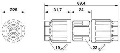 Rysunek techniczny adaptera. Wymiary wynoszą 89,4 mm długości i 25 mm średnicy. Rozmiary kluczy: 19 i 22 mm.