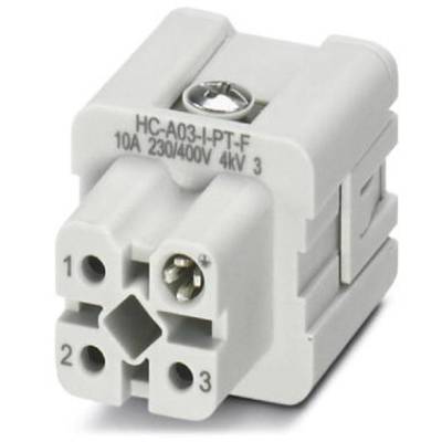 Przemysłowe złącze elektryczne, model 'HC-A03-I-PT-F', 10A, 230/400V, 4kV. Obudowa z szarego tworzywa sztucznego z zaciskami śrubowymi.