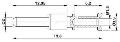 Rysunek techniczny cylindrycznego wtyczki z wymiarami: całkowita długość 19,8 mm, średnica 2 mm, szczegółowe wymiary od 6,2 mm do 12,05 mm.