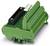 Zielony elektryczny złącz z zaciskami śrubowymi i czarną wkładką. Odpowiedni do przemysłowych połączeń elektronicznych.