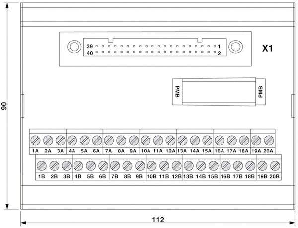 'Schemat elektrycznej skrzynki przyłączeniowej z listwami zaciskowymi i złączami, wymiary 90x112 mm.'