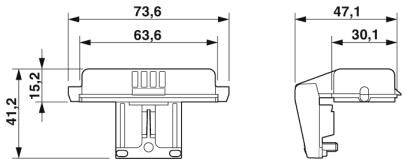 Rysunek techniczny elementu elektrycznego z wymiarami: szerokość 73,6 mm, wysokość 41,2 mm, głębokość 47,1 mm. Widok boczny i przedni.