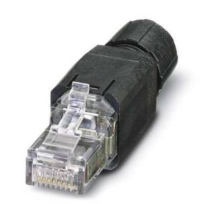 Czarny wtyk Ethernet z przezroczystym plastikowym zatrzaskiem, używany do podłączeń sieciowych.