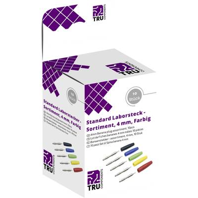 Pudełko z 'Standardowym zestawem wtyczek laboratoryjnych, 4 mm, Kolorowy, 10 sztuk', zawiera 4 mm wtyczki bananowe w różnych kolorach.