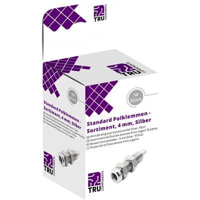 Opakowanie 'Standardowy zestaw zacisków biegunowych, 4 mm, srebrny', 10 sztuk. Zawiera ilustrację i markę TRU Components.