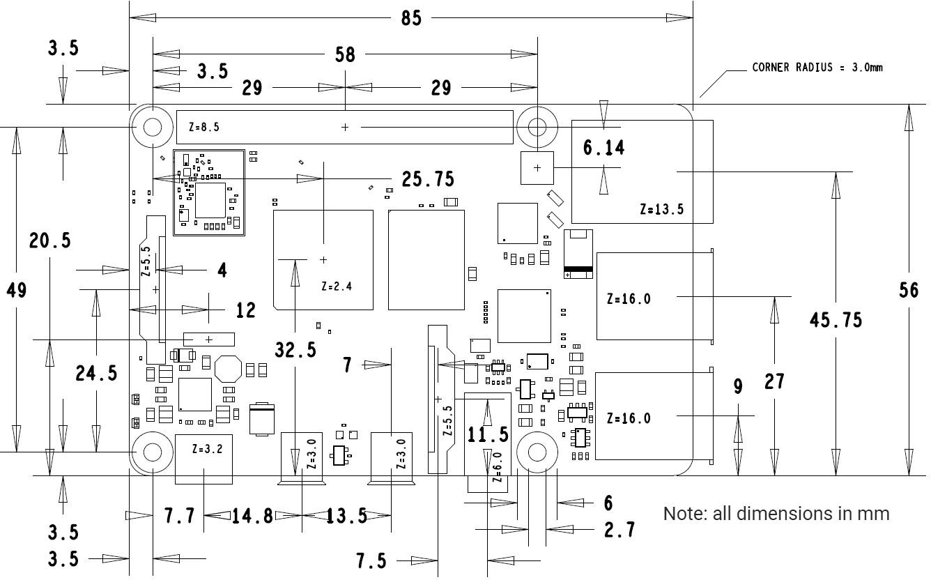 Rysunek techniczny płytki elektronicznej z wymiarami w milimetrach. Zawiera szczegółowe wymiary i rozmieszczenie elementów.