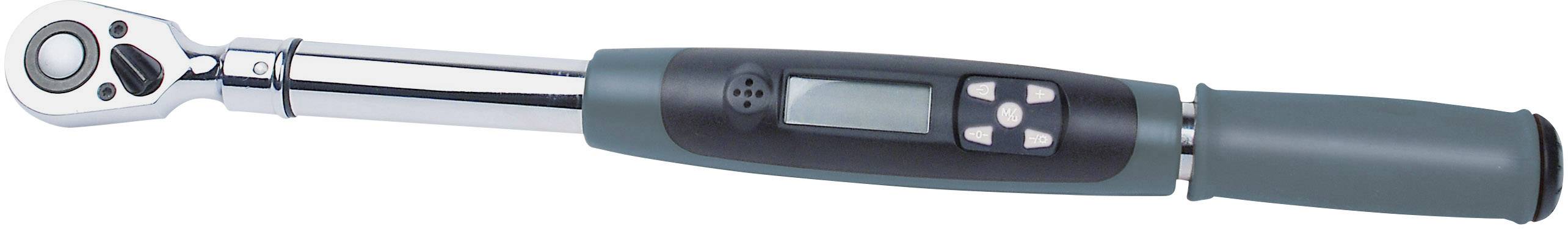 Cyfrowy klucz dynamometryczny z wyświetlaczem LCD i czarnym uchwytem, odpowiedni do precyzyjnych pomiarów.