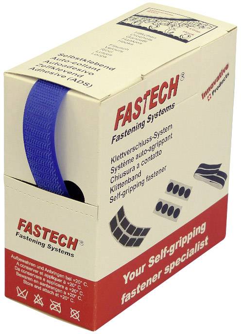 Opakowanie systemów mocujących 'FASTECH' z rzepem. Przód opakowania prezentuje produkty stosowane w dziale innowacyjnych zamknięć.