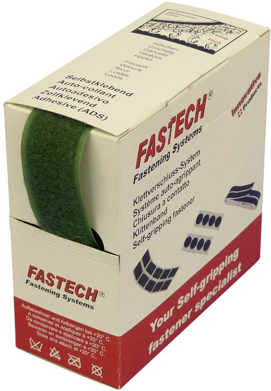 Opakowanie systemu samoprzylepnych rzepów marki Fastech, beżowe pudełko z widoczną zieloną taśmą rzepową.