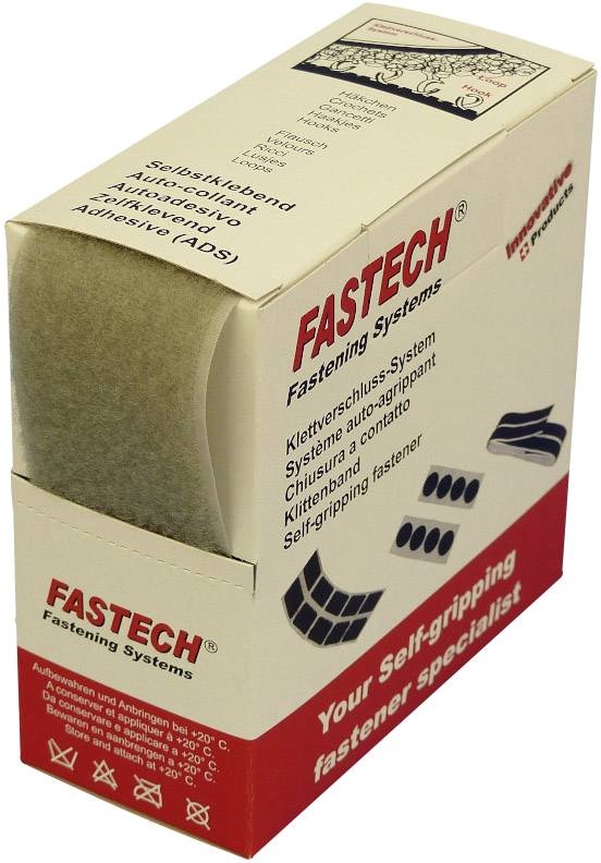 Samoprzylepne systemy zamykające firmy Fastech, opakowanie prezentuje szczegóły produktu za pomocą zdjęć i tekstu w wielu językach.