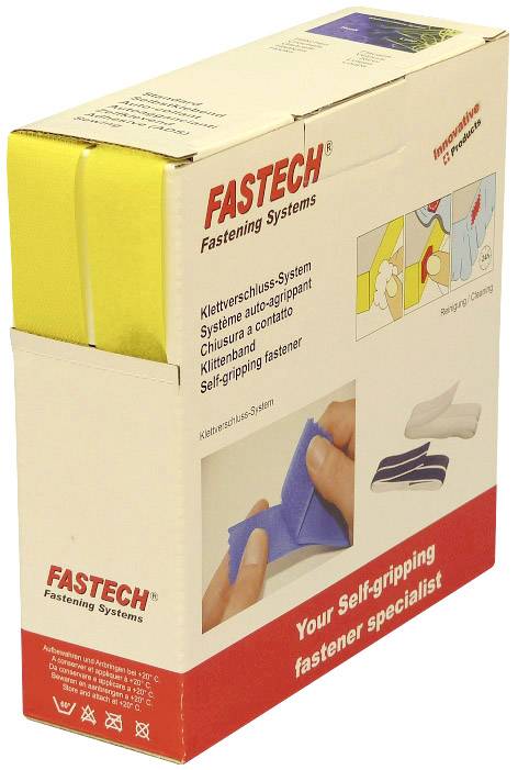 Opakowanie z widoczną żółtą tkaniną z rzepem. Teksty podkreślają samoprzylepny system i łatwość użycia.