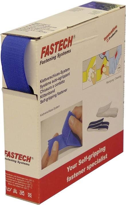 Opakowanie samoprzylepnego systemu rzepów firmy Fastech. Ilustracja przedstawia możliwości zastosowania.