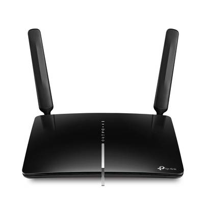 Router WLAN z dwoma pionowymi antenami. Czarna obudowa, marka TP-Link.