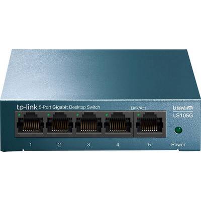 Przełącznik TP-Link 5-portowy Gigabit Desktop (model LS105G) z pięcioma portami Ethernet, wskaźnikami LED dla każdego portu oraz diodą LED zasilania.