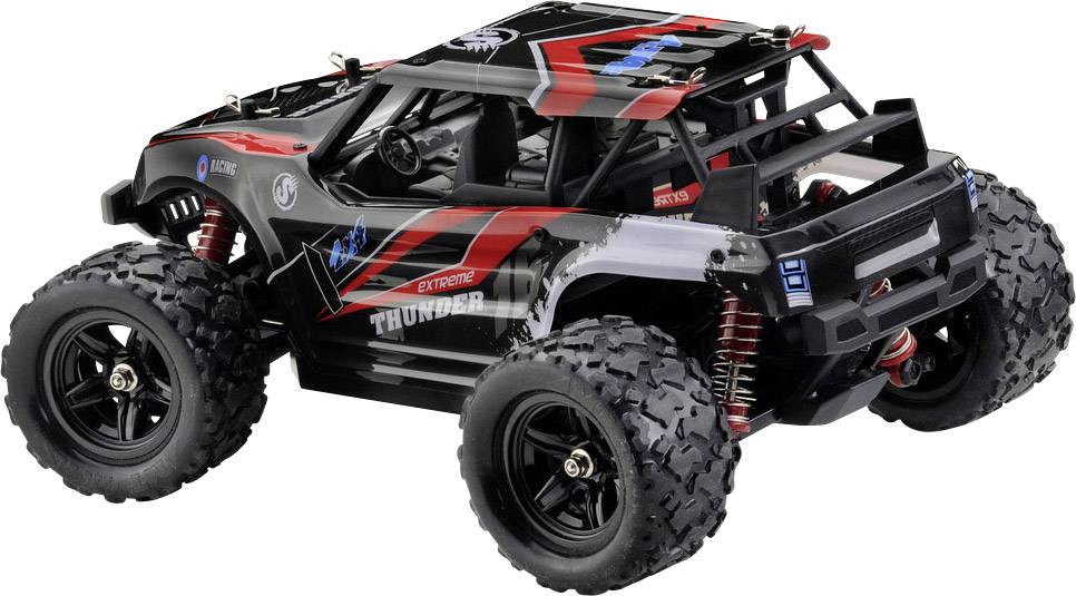 Zdalnie sterowany samochód o wytrzymałej konstrukcji, z dużym prześwitem i terenowymi oponami o grubym bieżniku, idealny do jazdy w trudnym terenie.